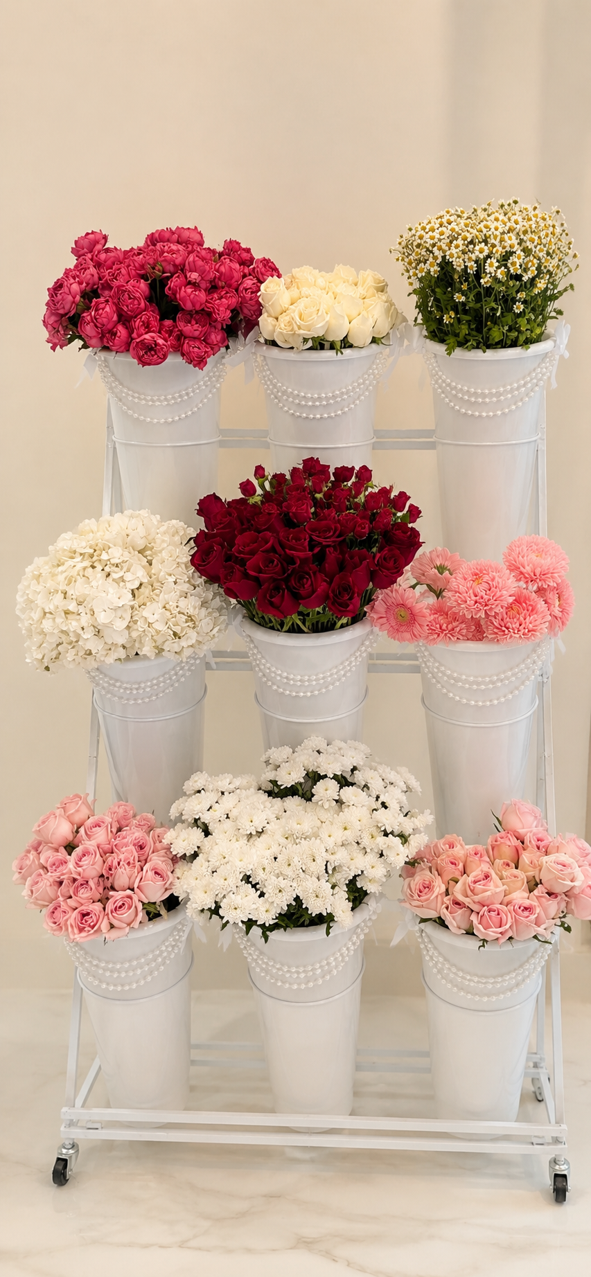 Bloom Bar flower stand with colorful arrangements